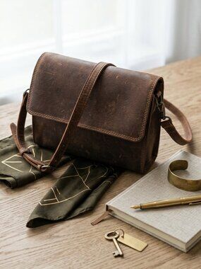 Adrian Klis Distressed Leather Flap Crossbody Bag Natural Tanned